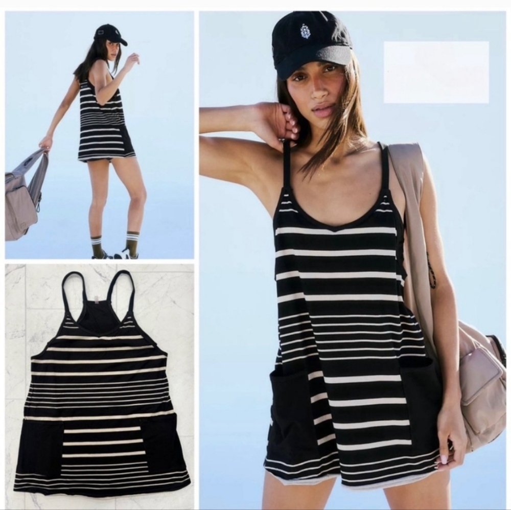 Free People Movement Hot Shot Mini Black and White Sleeveless Romper